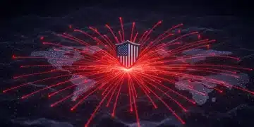 Futuristic digital map showing global cyber attacks impacting US national security with defensive measures.