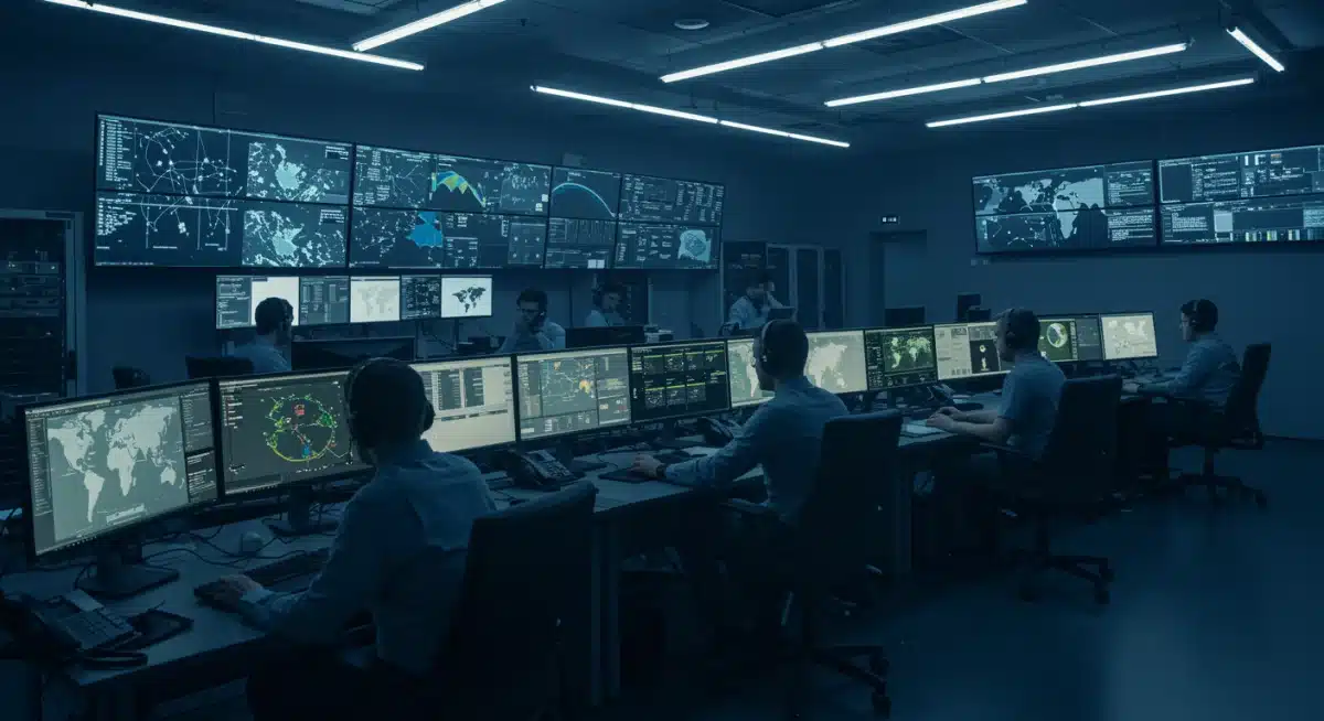 Cybersecurity operations center with analysts monitoring real-time threat intelligence.