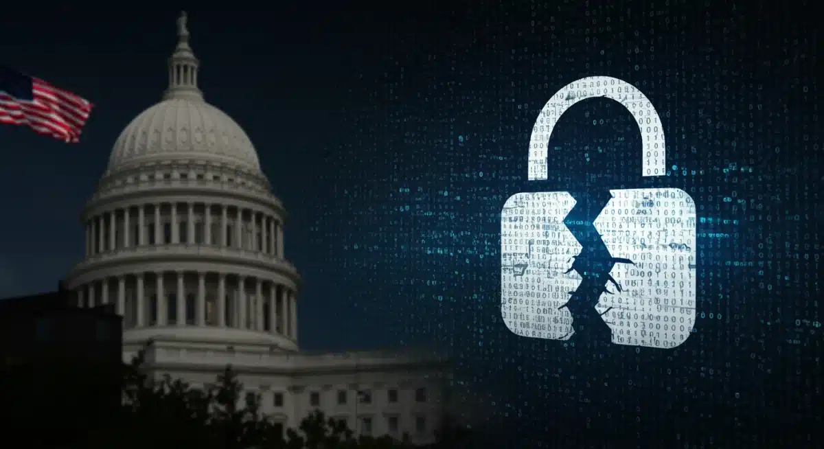 Data breach visualization with broken padlock and US government building in background.