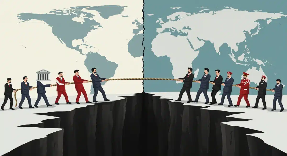 Metaphorical image of democracy and authoritarianism in a global tug-of-war.
