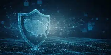 2025 Cybersecurity Mandates: Protecting U.S. Business Data Digital shield protecting U.S. business data from cyber threats, representing 2025 cybersecurity mandates.