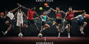 Dynamic composite of five dominant athletes from various sports, showcasing their power and skill in early 2025.