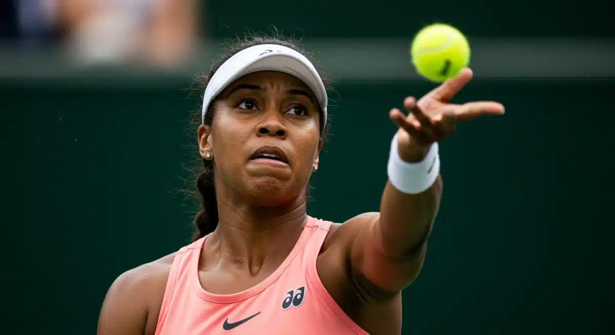 Intense close-up of a dominant female tennis player mid-serve, showcasing focus and athletic prowess.