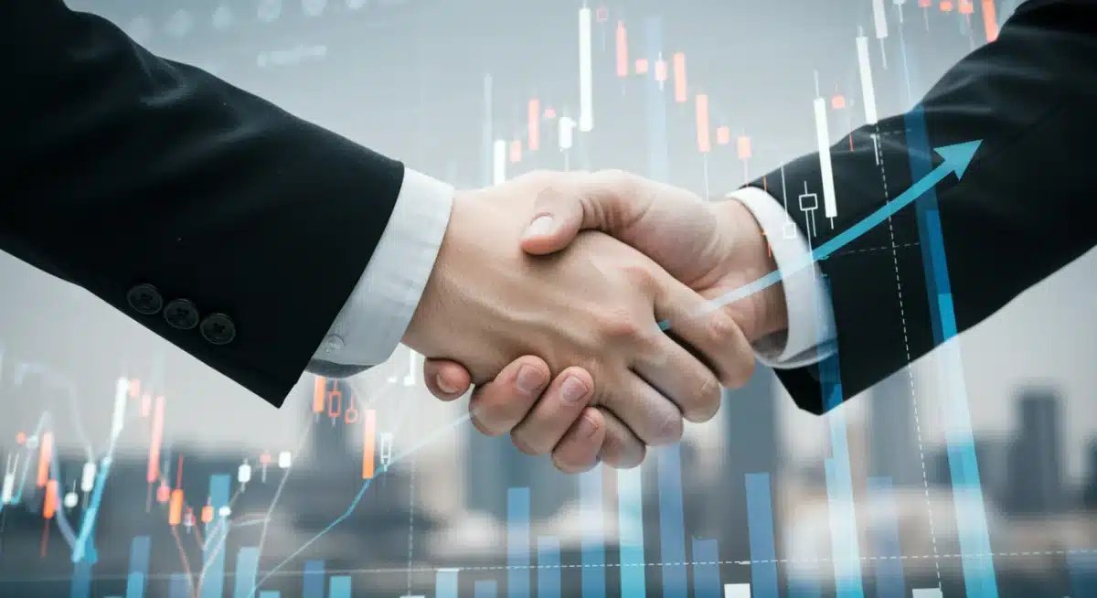 Financial chart showing market trends with a handshake overlay, symbolizing strategic commercial real estate investment.