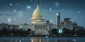 Complex digital network symbolizing FinTech regulations, with legal documents and U.S. Capitol.