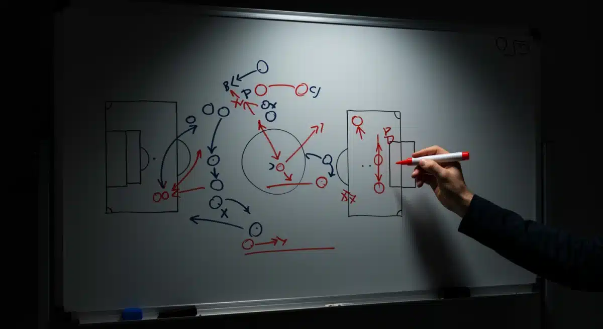 Football coach strategizing on a whiteboard for upcoming qualifier matches.