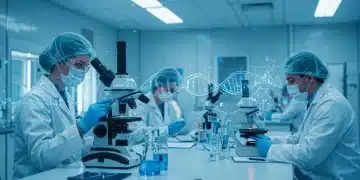 Scientists analyzing DNA in a high-tech lab, symbolizing gene editing advancements.