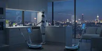 Humanoid robot assisting in a futuristic smart kitchen, demonstrating robotics in daily life