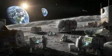 Space Exploration in 2025: Key Missions and Tech Updates Astronauts working at a futuristic lunar base with Earth in the distance, representing future space exploration.