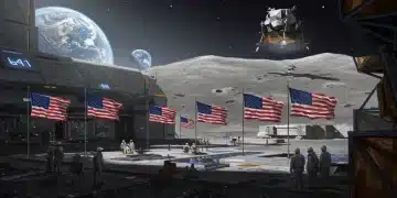 Futuristic lunar base with US flags symbolizing America's ambition in the new space race.