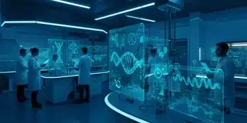 Scientists analyzing holographic DNA sequences in a modern genomics lab, symbolizing advanced genomic sequencing applications.