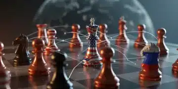 Geopolitical chessboard with US, China, Russia flags