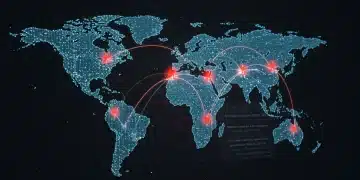 Global digital network under cyber attack, representing cyber warfare in 2025 with glowing data streams and threat indicators.