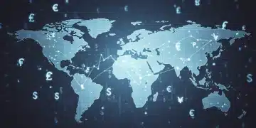 Global economic forecast chart with world map and financial data