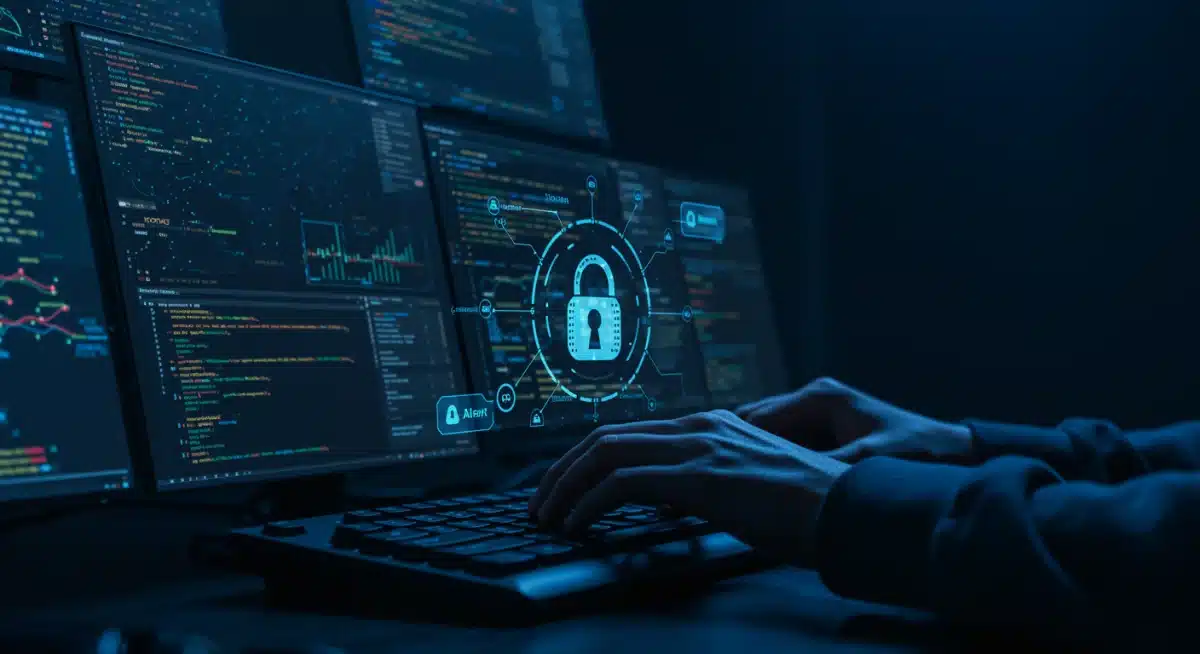 Hacker's hands typing code on a keyboard with multiple screens displaying network diagrams and security alerts, symbolizing advanced cyber operations.