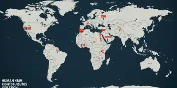 Human Rights Watch 2025: Tracking 12 Critical Violations & US Aid Global map illustrating human rights violations for Human Rights Watch 2025, with regions of concern highlighted and symbolic icons representing abuses.