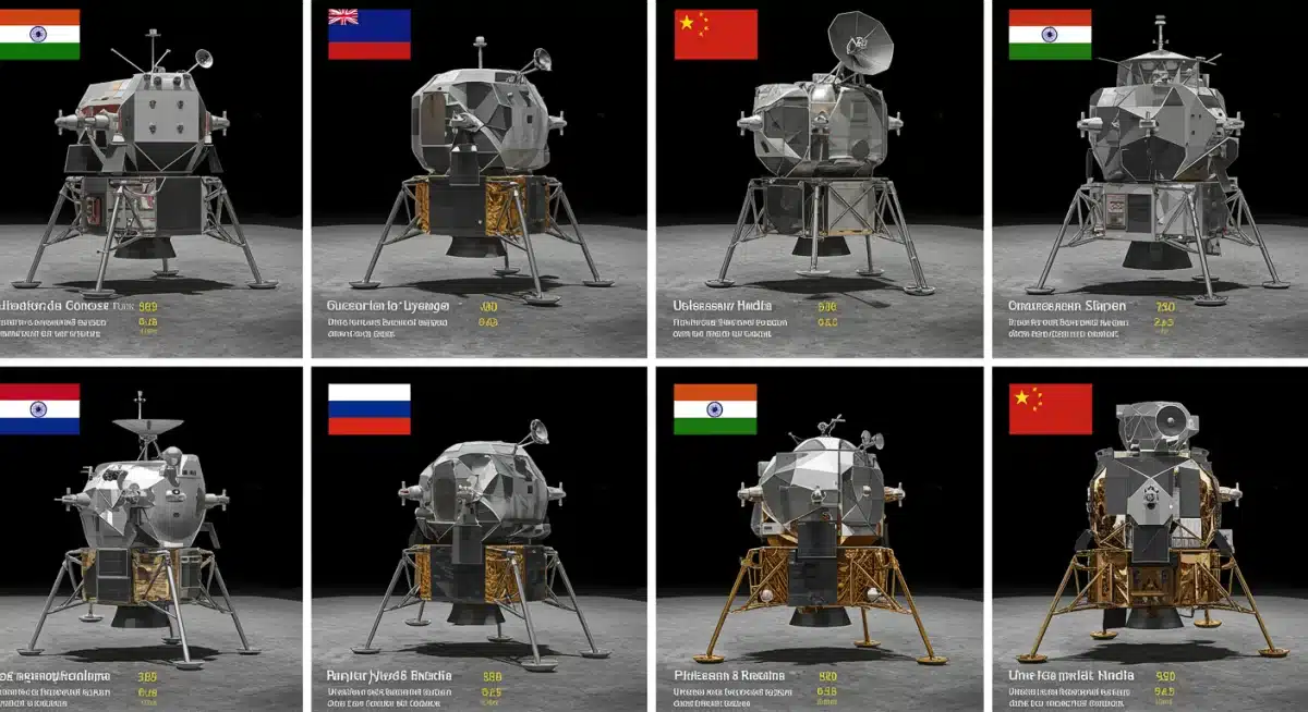 Infographic comparing lunar lander designs and capabilities of prominent spacefaring nations.