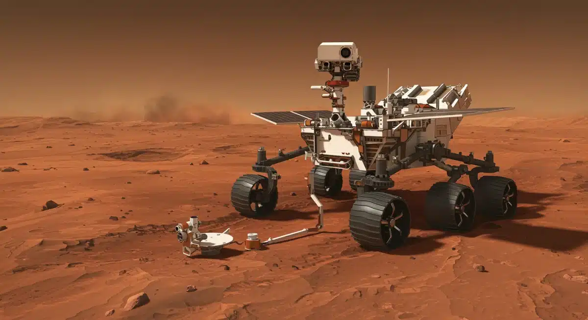 Mars rover deploying scientific instruments on the Martian surface, exploring the red planet's terrain.