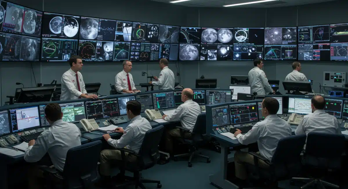 American scientists and engineers in mission control monitoring lunar mission data.