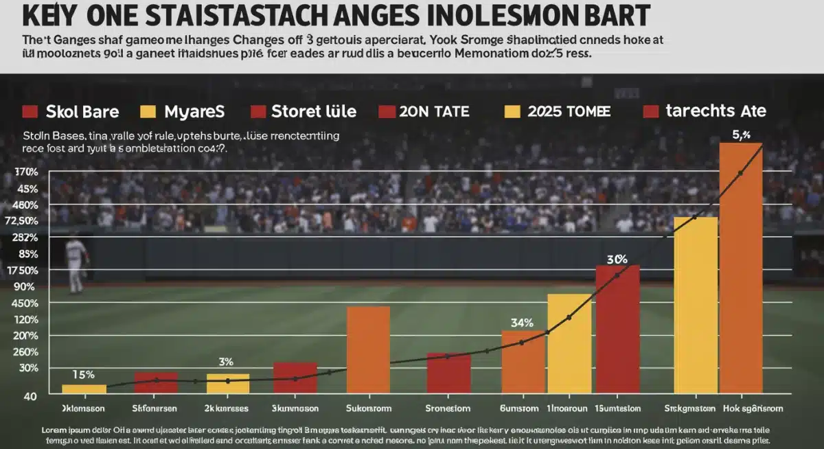 Infographic showing statistical trends in MLB 2025 rule changes, comparing game metrics like stolen bases and game time over three months.