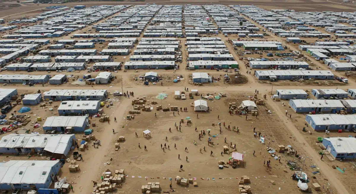 Aerial view of a large refugee camp with aid infrastructure