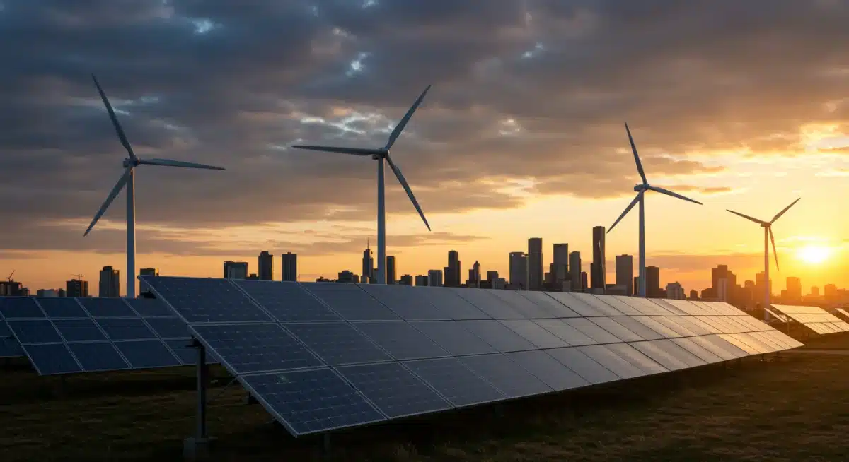 Renewable energy infrastructure in a modern city at sunset