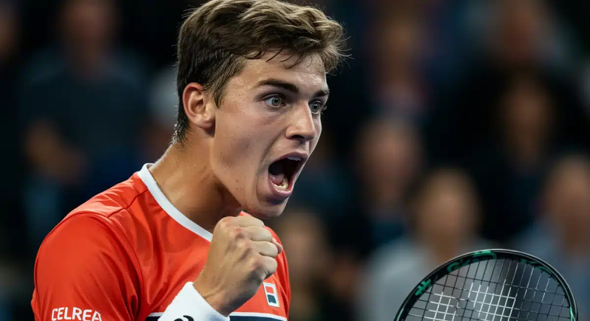 Young tennis sensation celebrating unexpected Grand Slam victory