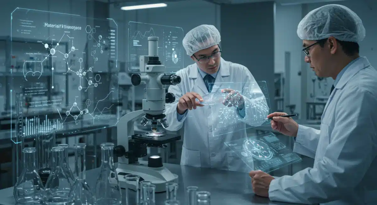 Scientists analyzing nanotechnology-enhanced material under a microscope in a modern lab