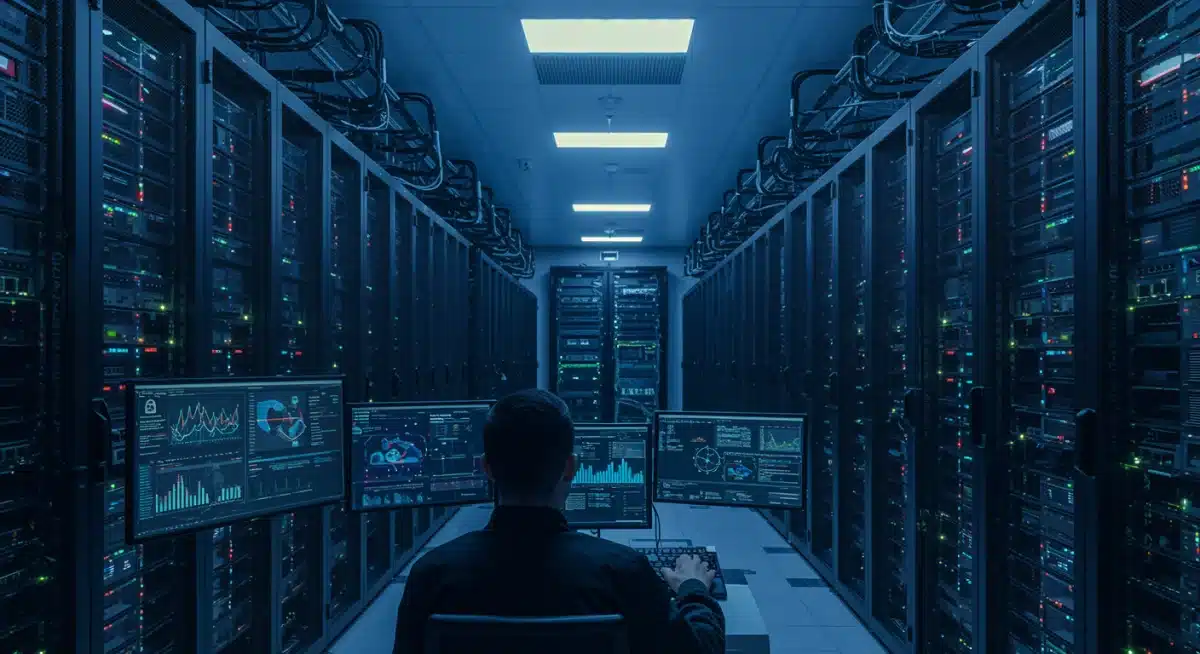 Server room with security analyst monitoring data threats