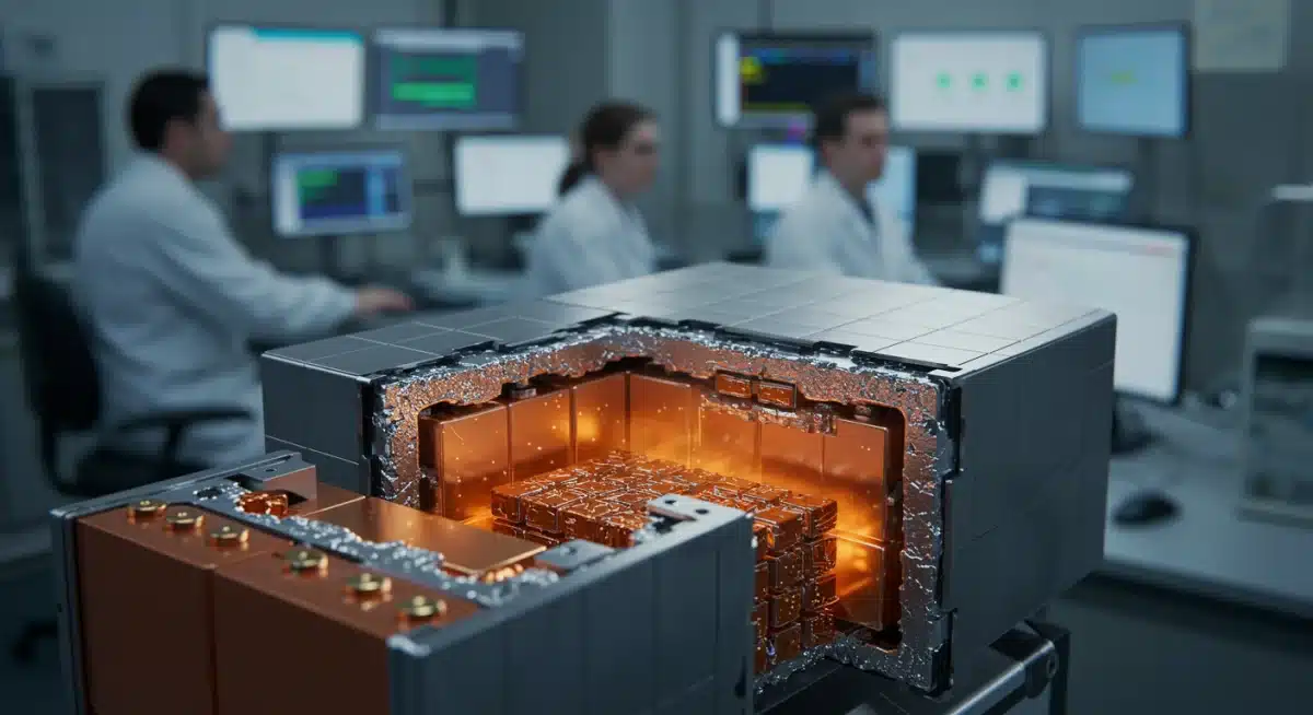 Scientists examining a silicon anode battery cell in a research lab, highlighting material science advancements