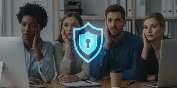 Small business owners discussing cybersecurity with a digital shield overlay