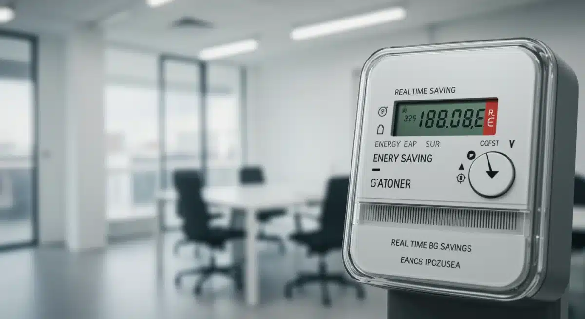 Smart energy meter showing reduced costs in a modern office, symbolizing business savings from green tech.