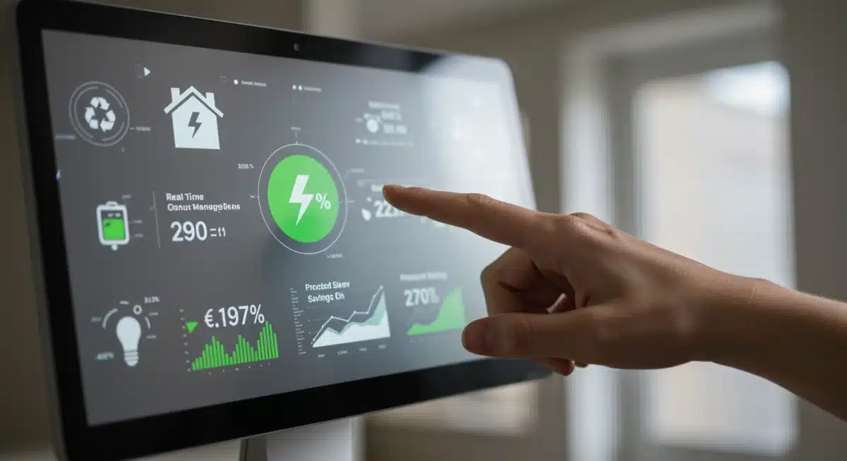 Smart home energy management system displaying real-time savings and carbon reduction.