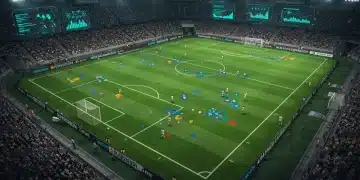 Dynamic soccer match with data analytics visualizations, showing player tracking and tactical insights on a digital overlay.