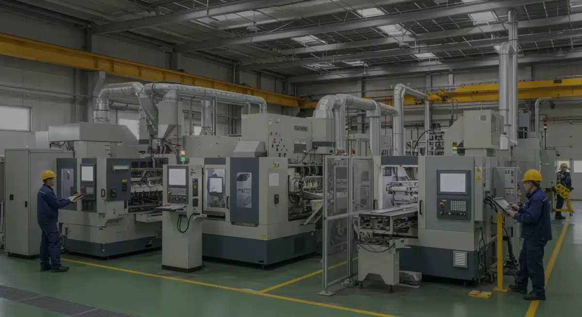 Modern factory with energy-efficient machinery and solar panels, showcasing sustainable industrial practices.