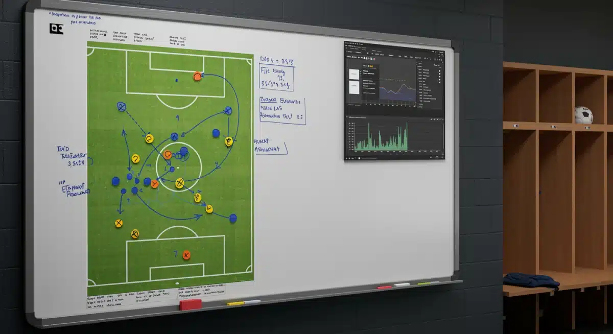 Whiteboard illustrating 3-4-3 tactical formation in soccer