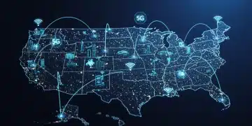 Digital map of the US with glowing 5G network coverage transforming IoT and smart city infrastructure.