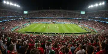 Packed stadium during World Cup 2026 qualifier match with cheering fans and bright lights.